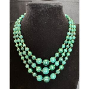 Vintage Mint-Teal Triple Strand Beaded Necklace – 13" Choker + 3" Extender N52